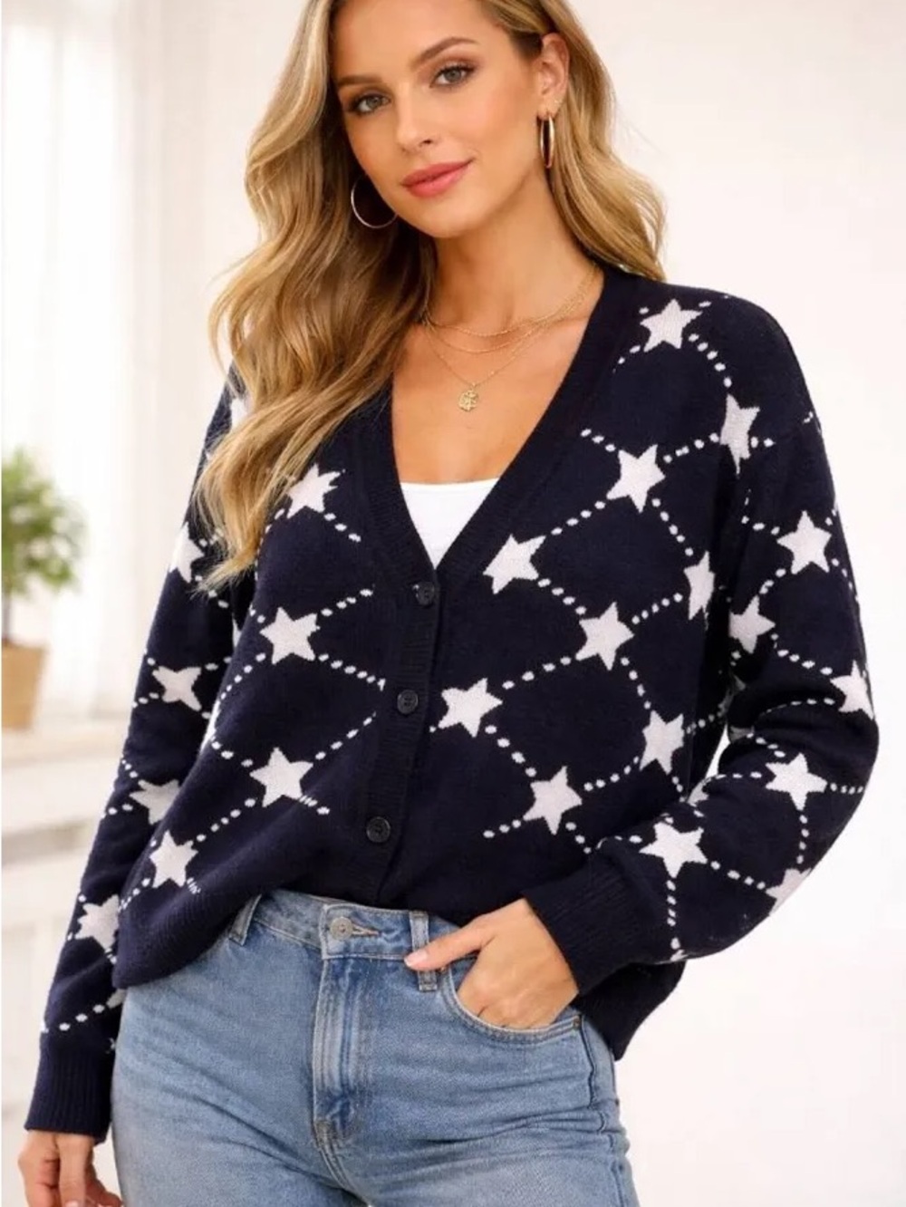 99 Jane Street Navy & White Star Cardigan Sweater